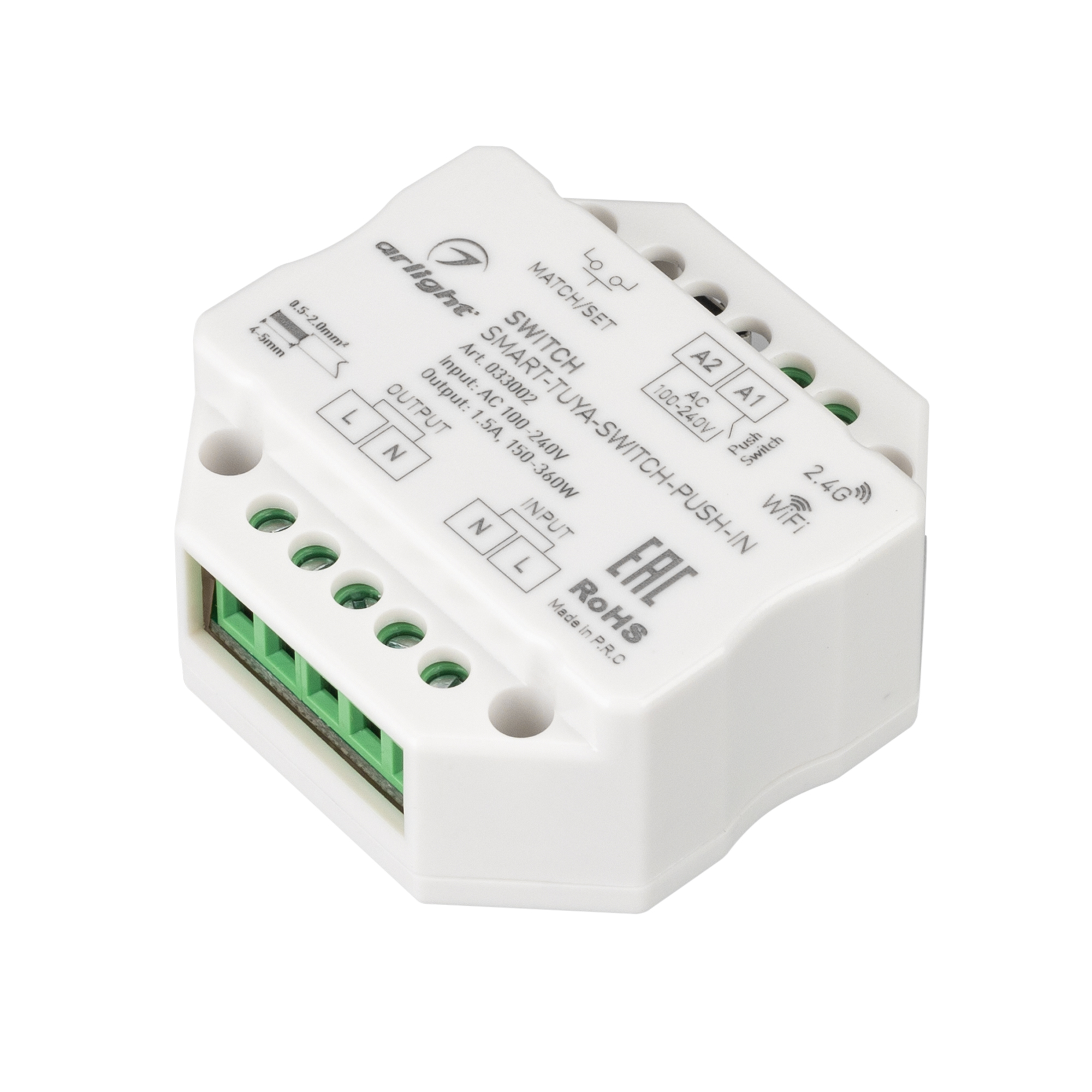 Контроллер-выключатель SMART-TUYA-SWITCH-PUSH-IN (230V, 1.5A, WiFi, 2.4G) (Arlight, IP20 Пластик, 5 лет) - Изображение