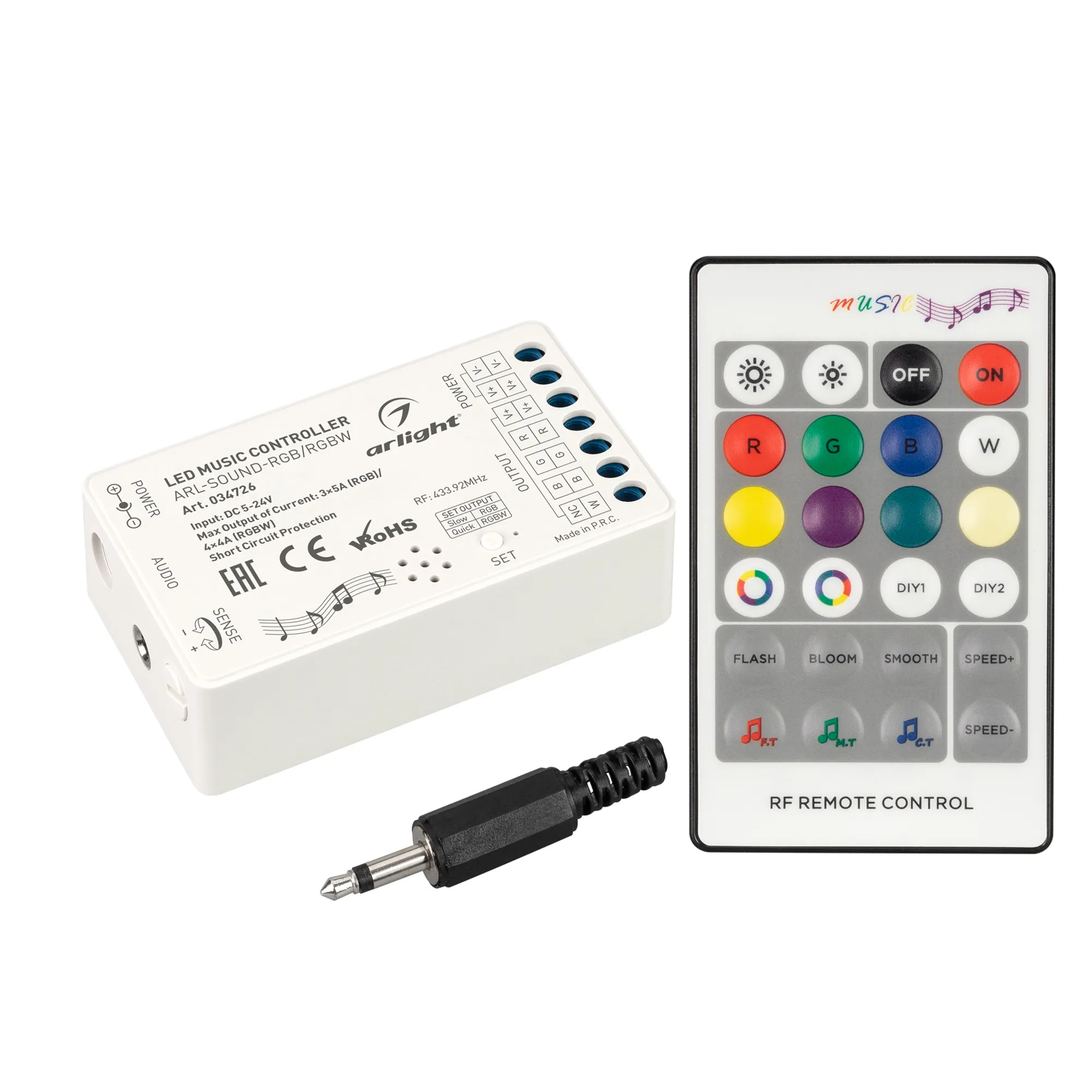Аудиоконтроллер ARL-SOUND-RGB/RGBW (12-24V, 4x4A, RF ПДУ 24кн) (Arlight, IP20 Пластик, 3 года) - Изображение